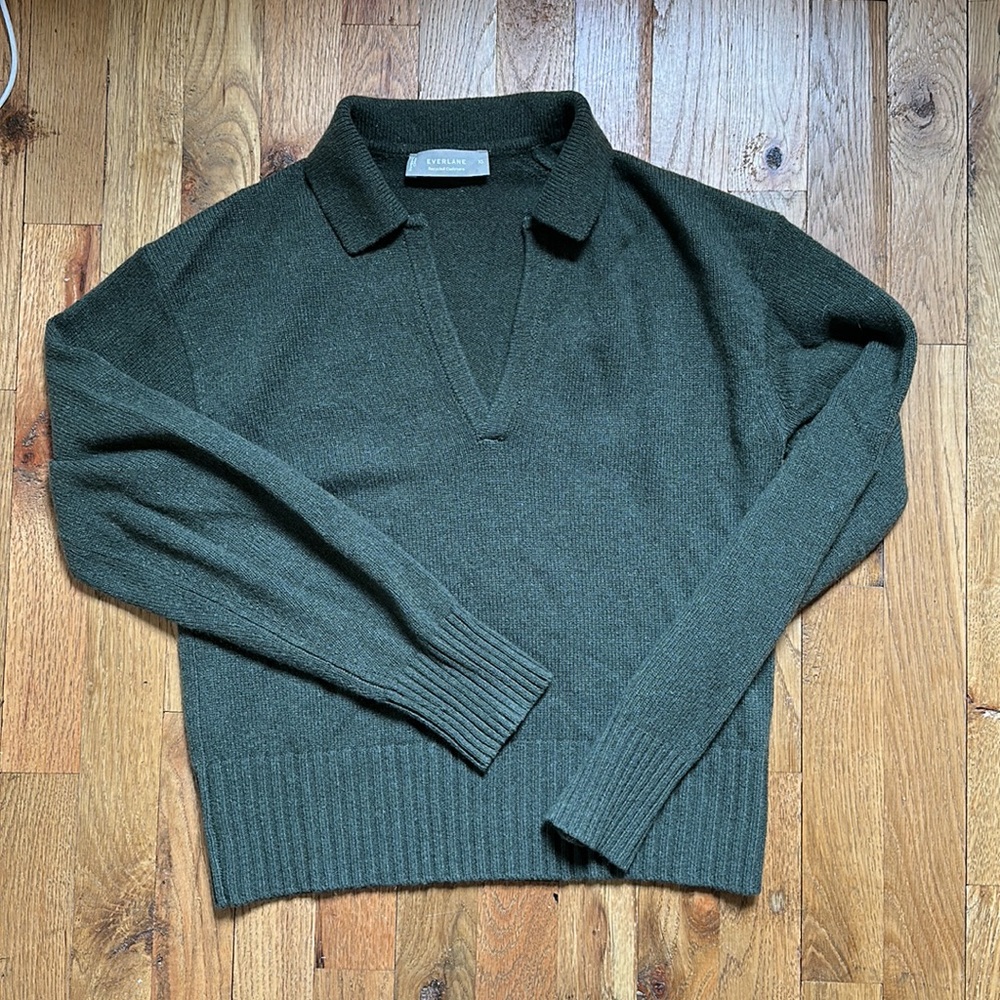 Everlane Cashmere Sweater Polo Top Vneck Collar Green XS - Picture 5 of 7